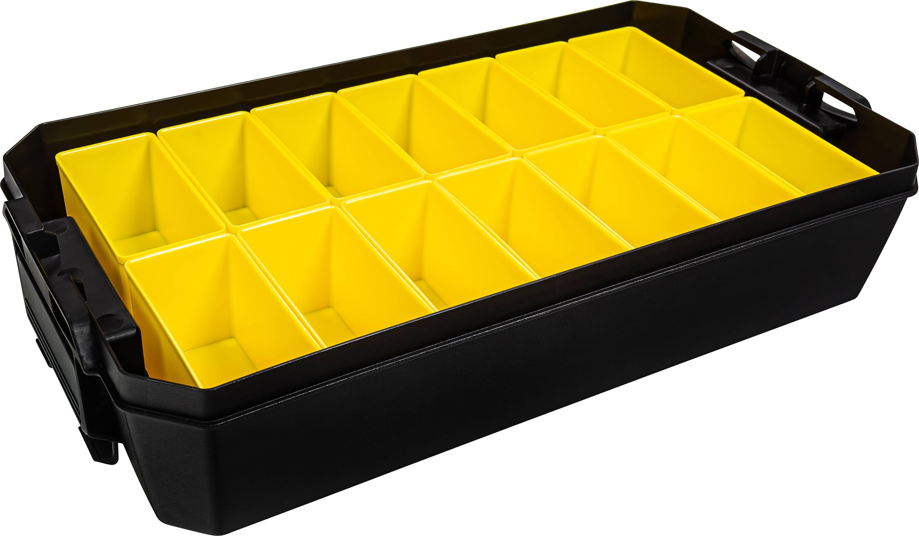 Une mallette noire en plastique avec des compartiments jaunes pour le rangement ou l'organisation de petits objets.