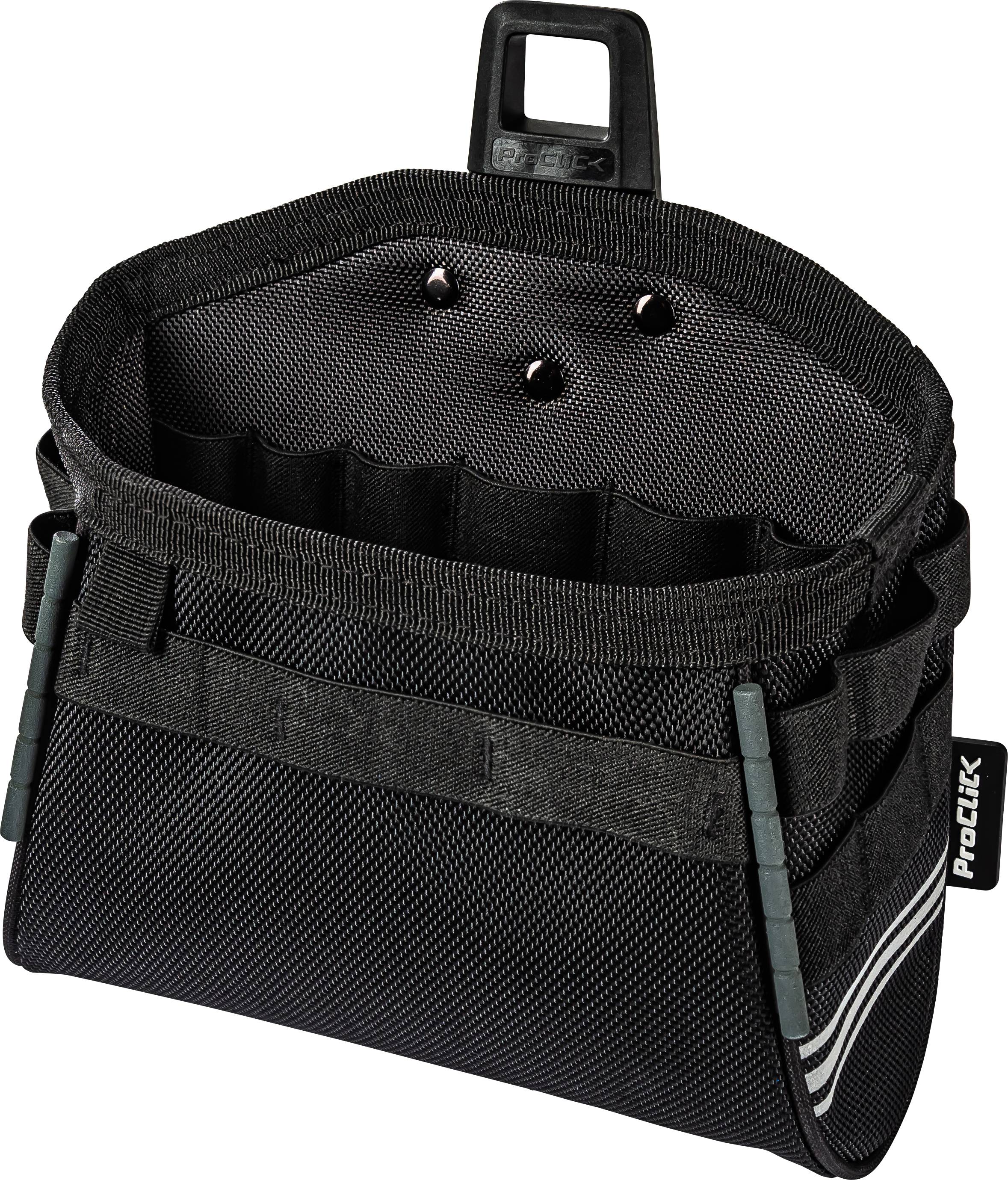 Un sac à outils noir avec plusieurs compartiments, conçu pour un rangement pratique et un accès facile aux outils.