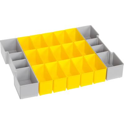 Un organisateur gris et jaune avec plusieurs compartiments pour ranger de petits objets.