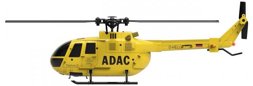 Hélicoptère de secours jaune portant l'inscription 'ADAC' avec un numéro d'immatriculation allemand, vue de côté.