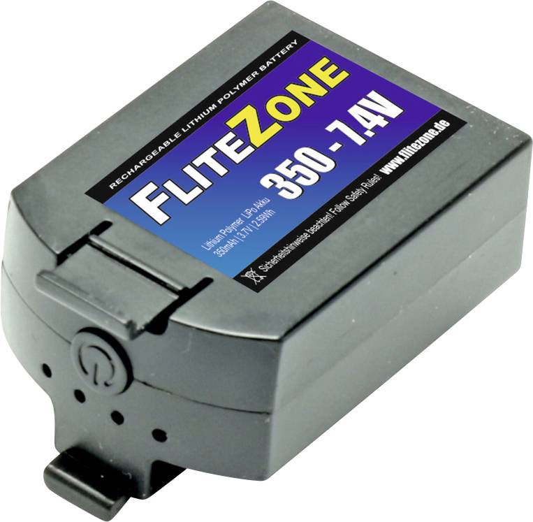 Batterie rechargeable Lithium-Polymère de FLITEZONE, 350 mAh, 7,4V, noire, avec interrupteur de contact et indication du fabricant sur l'étiquette.