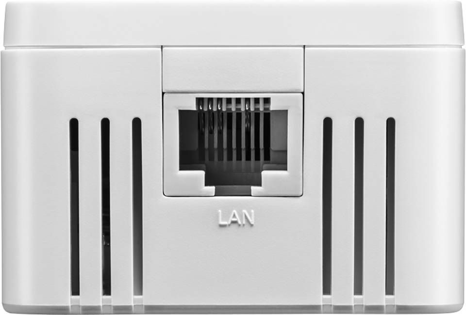 Prise LAN blanche avec connexion Ethernet au centre, entourée de fentes de ventilation.
