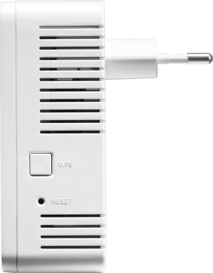 Un répéteur Wi-Fi blanc avec fiche européenne, bouton WPS et bouton de réinitialisation, utilisé pour étendre le signal du réseau sans fil.