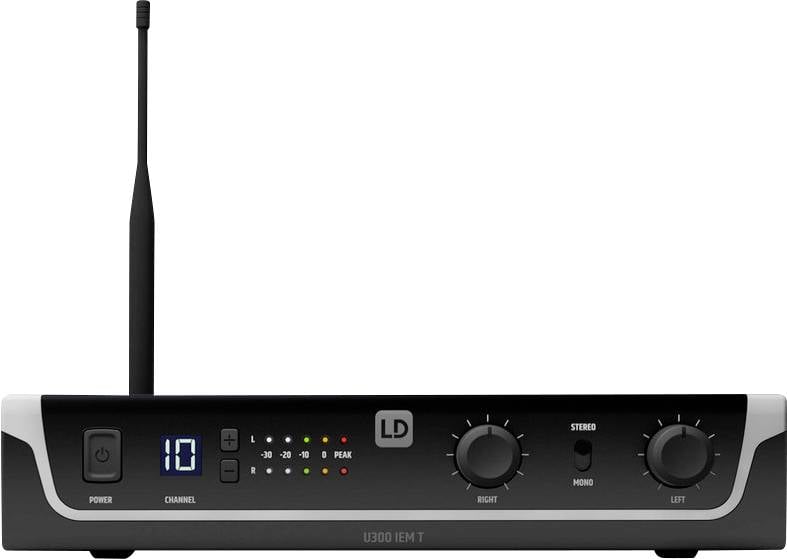 Un émetteur audio noir avec antenne, affichage numérique des canaux, voyants LED, deux boutons rotatifs pour le volume gauche et droit.