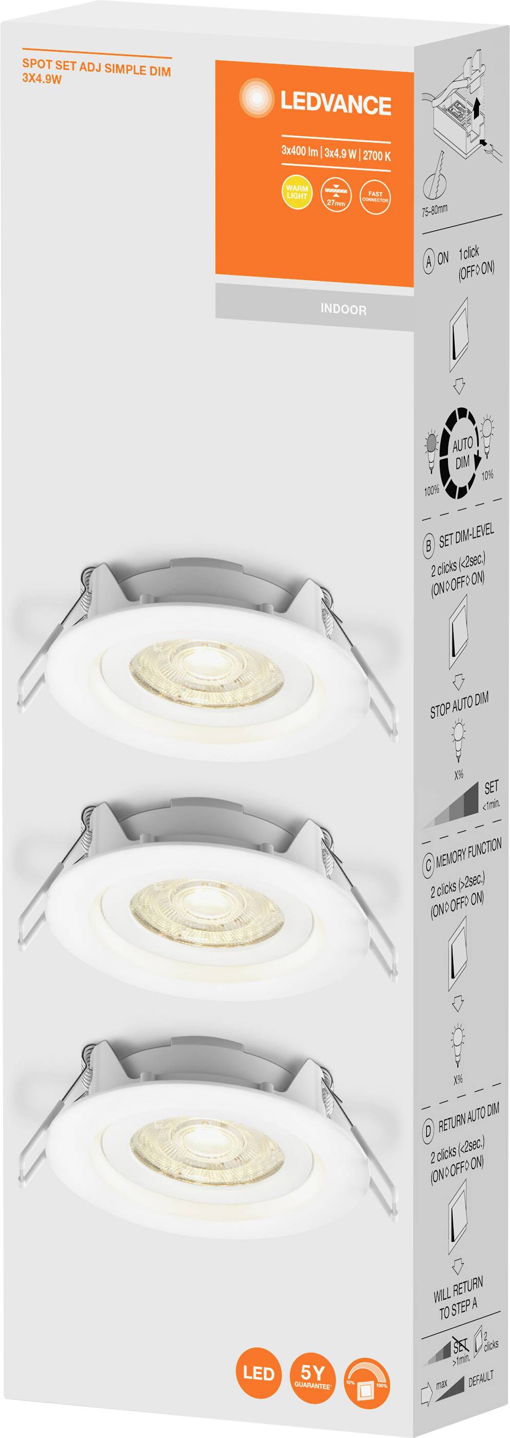 Emballage d'un ensemble de spots encastrables LED de Ledvance. Présente trois spots blancs, des informations énergétiques, des symboles et le logo du fabricant.