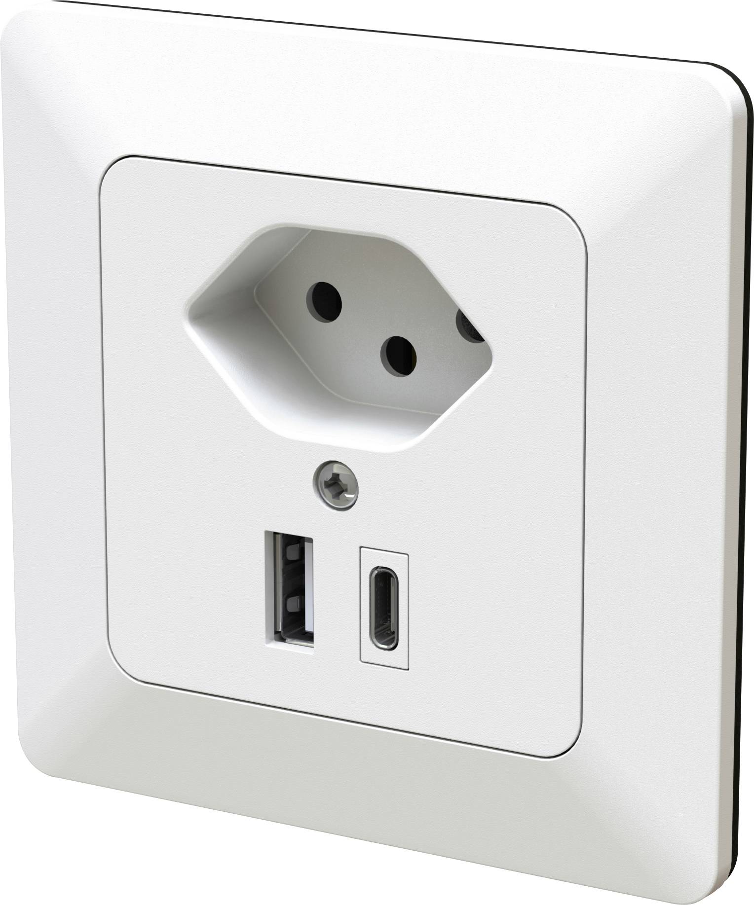 Prise électrique blanche avec deux ports USB intégrés. Idéale pour charger simultanément plusieurs appareils.