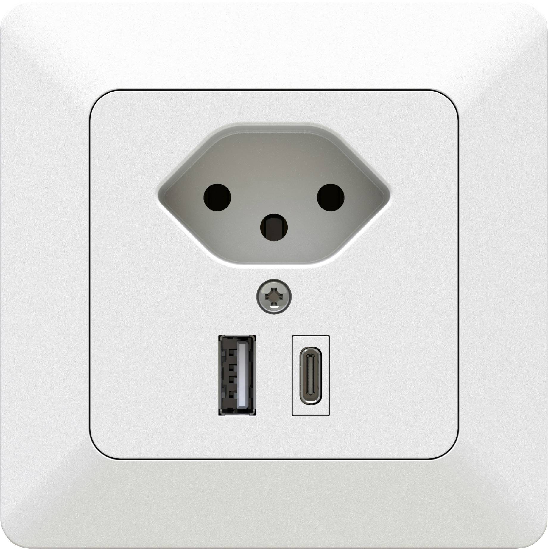 Prise murale blanche avec ports USB-A et USB-C en dessous, intégrée dans un mur ; soulignant des options de charge polyvalentes.