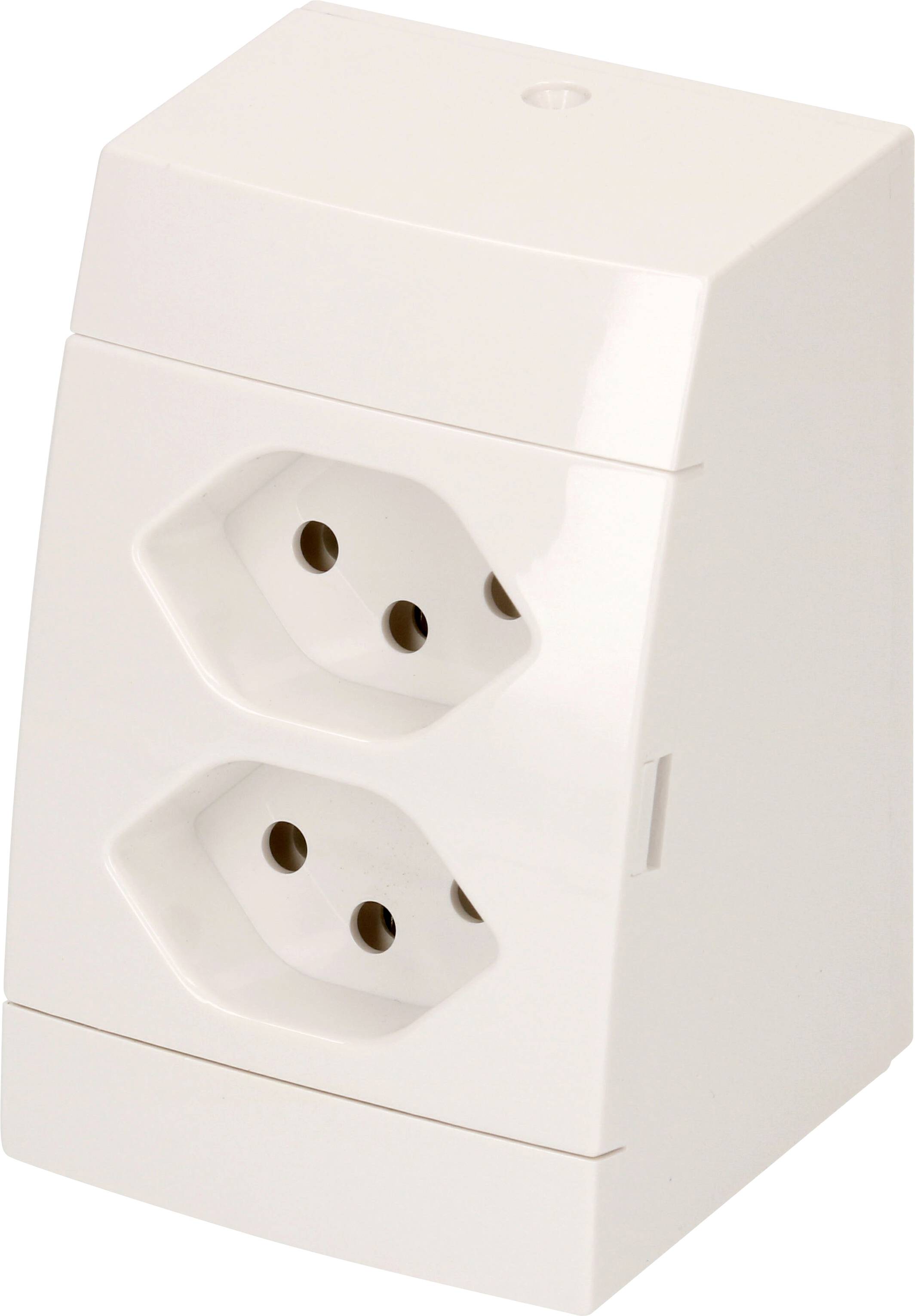 Deux prises électriques blanches dans un boîtier rectangulaire, disposées verticalement, pour des connexions électriques.