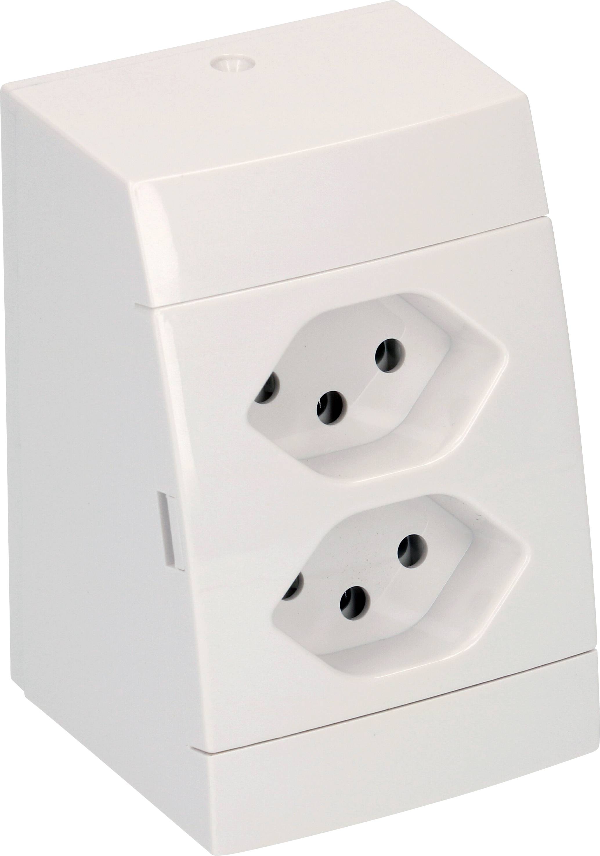 Double prise électrique avec couvercle en plastique blanc.