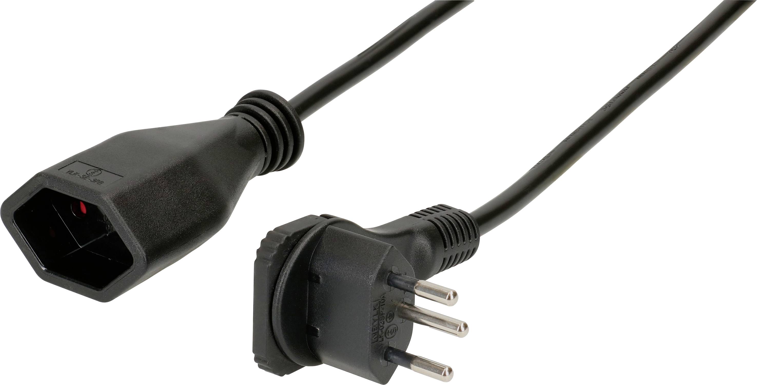 Un câble électrique noir avec une fiche et une prise, adapté pour connecter des appareils électriques à l'alimentation électrique.
