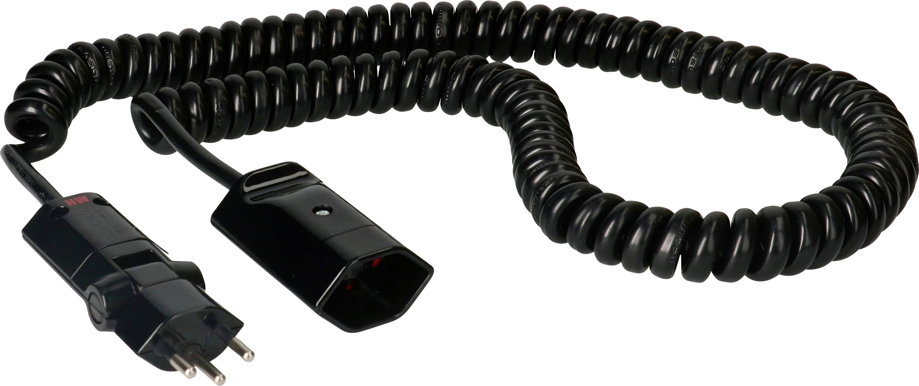 Câble électrique noir, spiralé, doté d'une fiche et d'une prise à ses extrémités, adapté pour la connexion électrique.