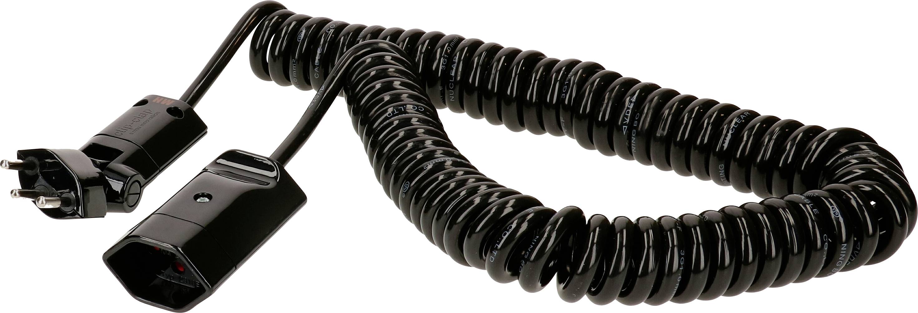 Câble réseau noir, spiralé, avec deux fiches à ses extrémités.