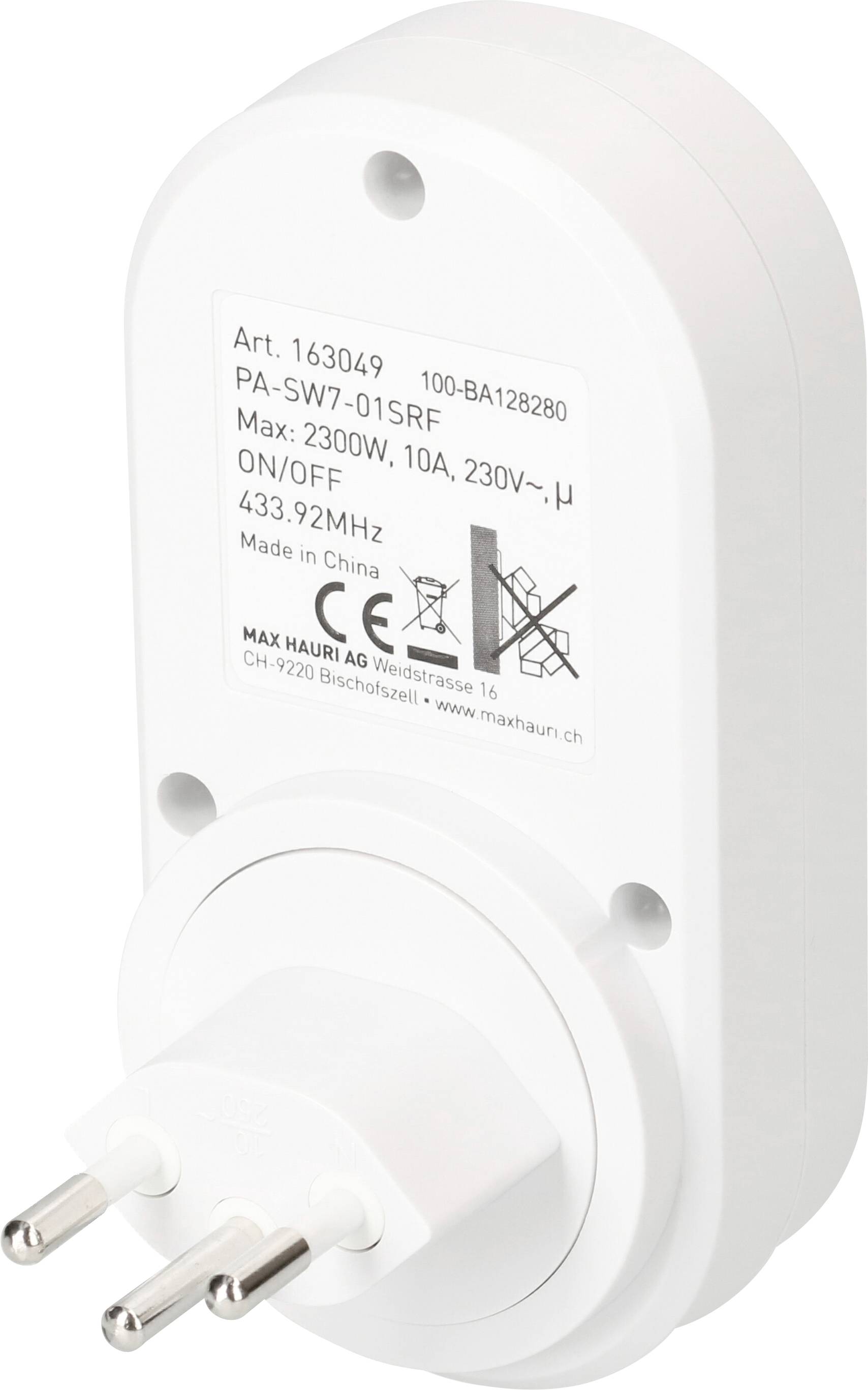 Un interrupteur de prise de courant blanc affiche les spécifications techniques : Max : 2300W, 10A, 230V~, ON/OFF, Fréquence 433,92 MHz. Fabriqué en Chine.
