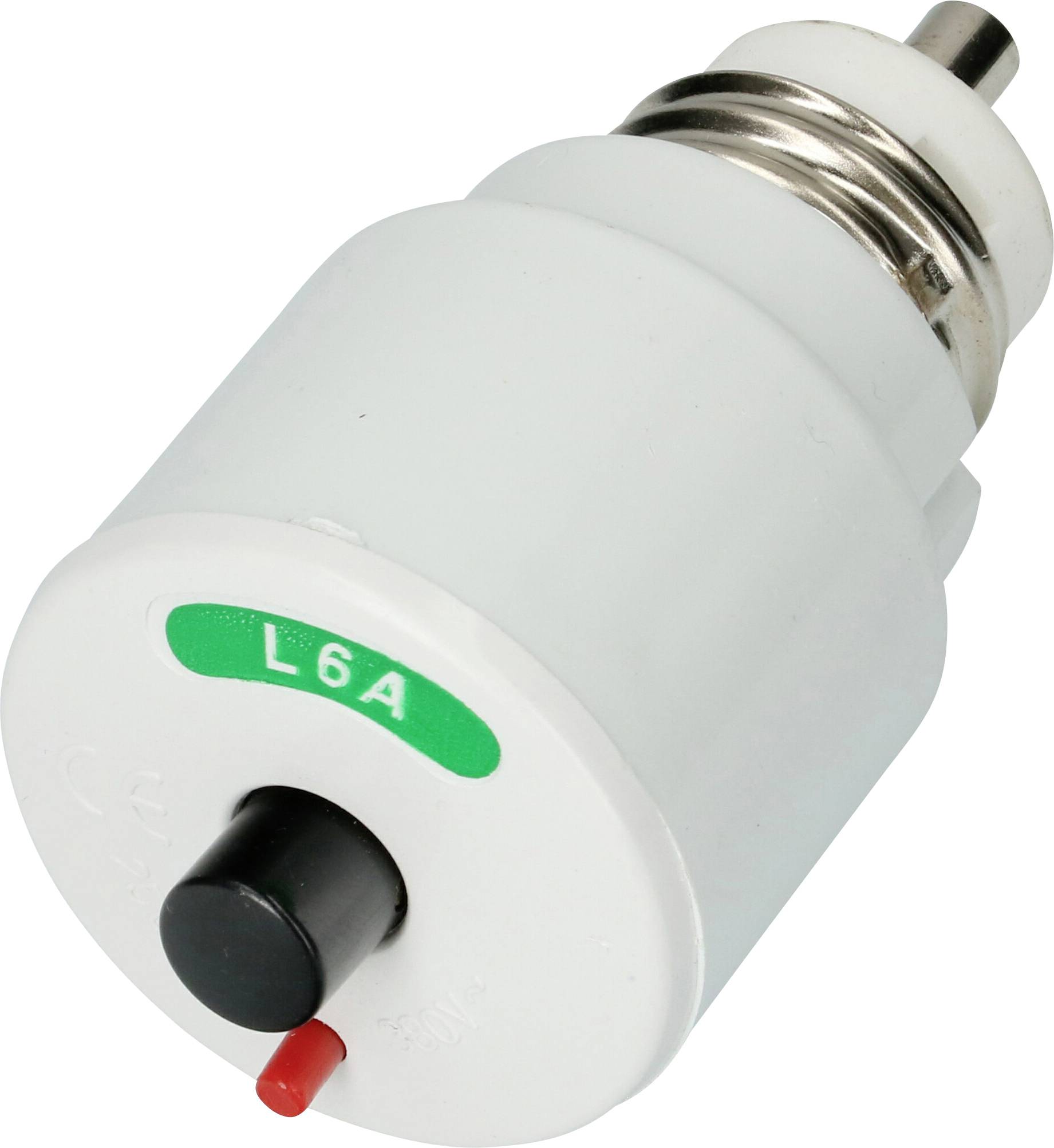 Disjoncteur avec bouton-poussoir noir, marqué en vert '6A'. Utilisé pour la protection des circuits électriques.
