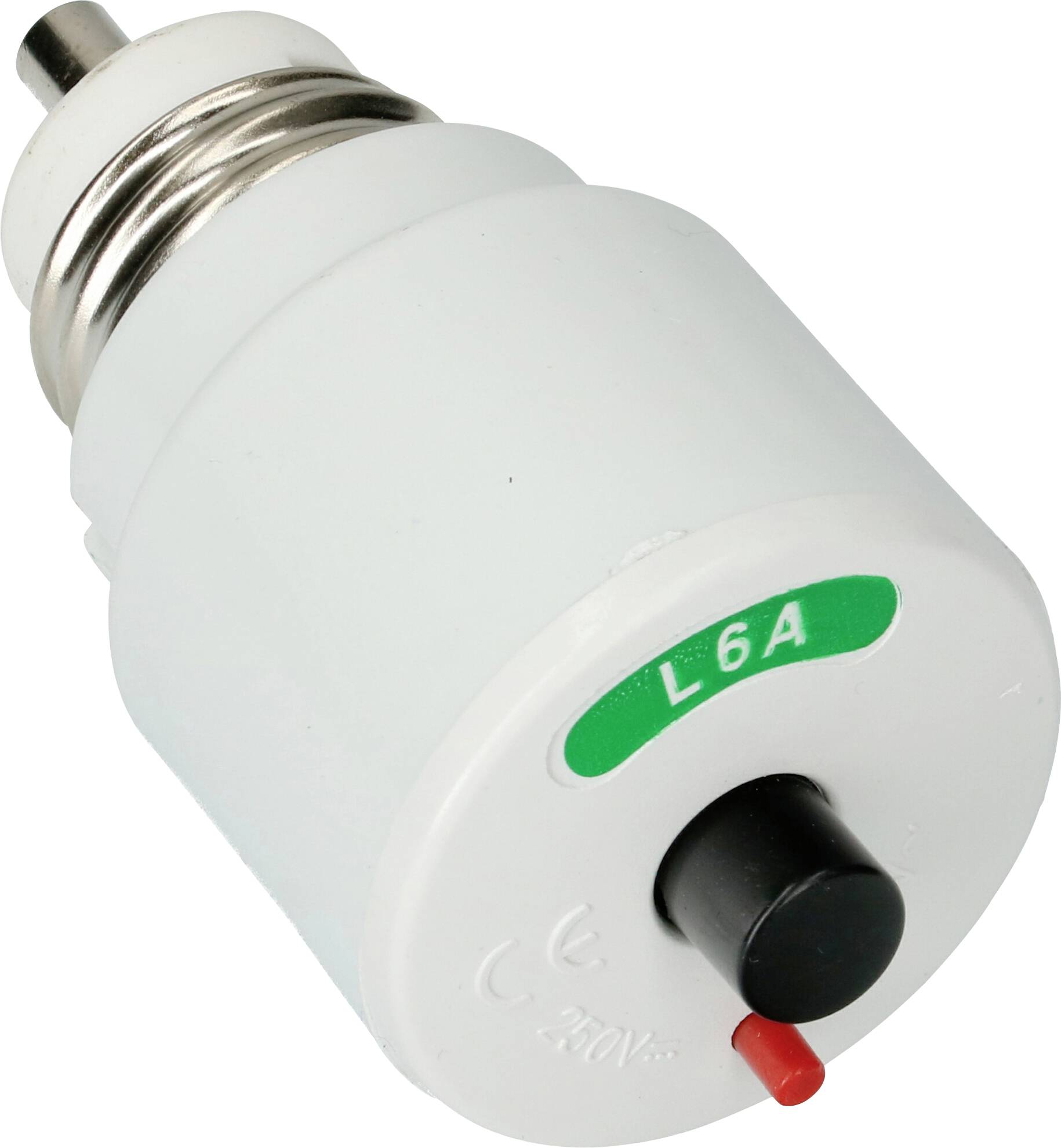 Disjoncteur cylindrique blanc avec marquage vert 'L6A' et interrupteur noir, adapté pour 250V.