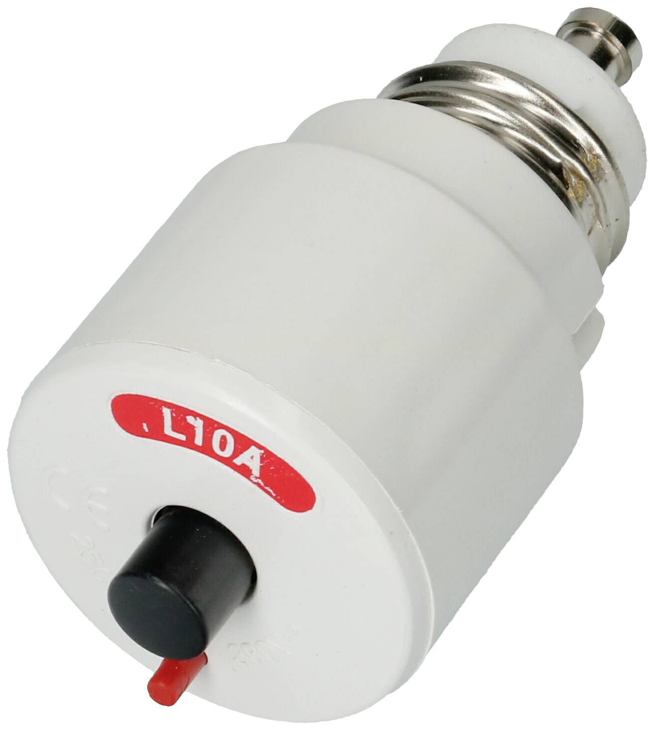 Un adaptateur blanc, cylindrique, avec une étiquette rouge 'L 10A' et un interrupteur noir sur la face avant.