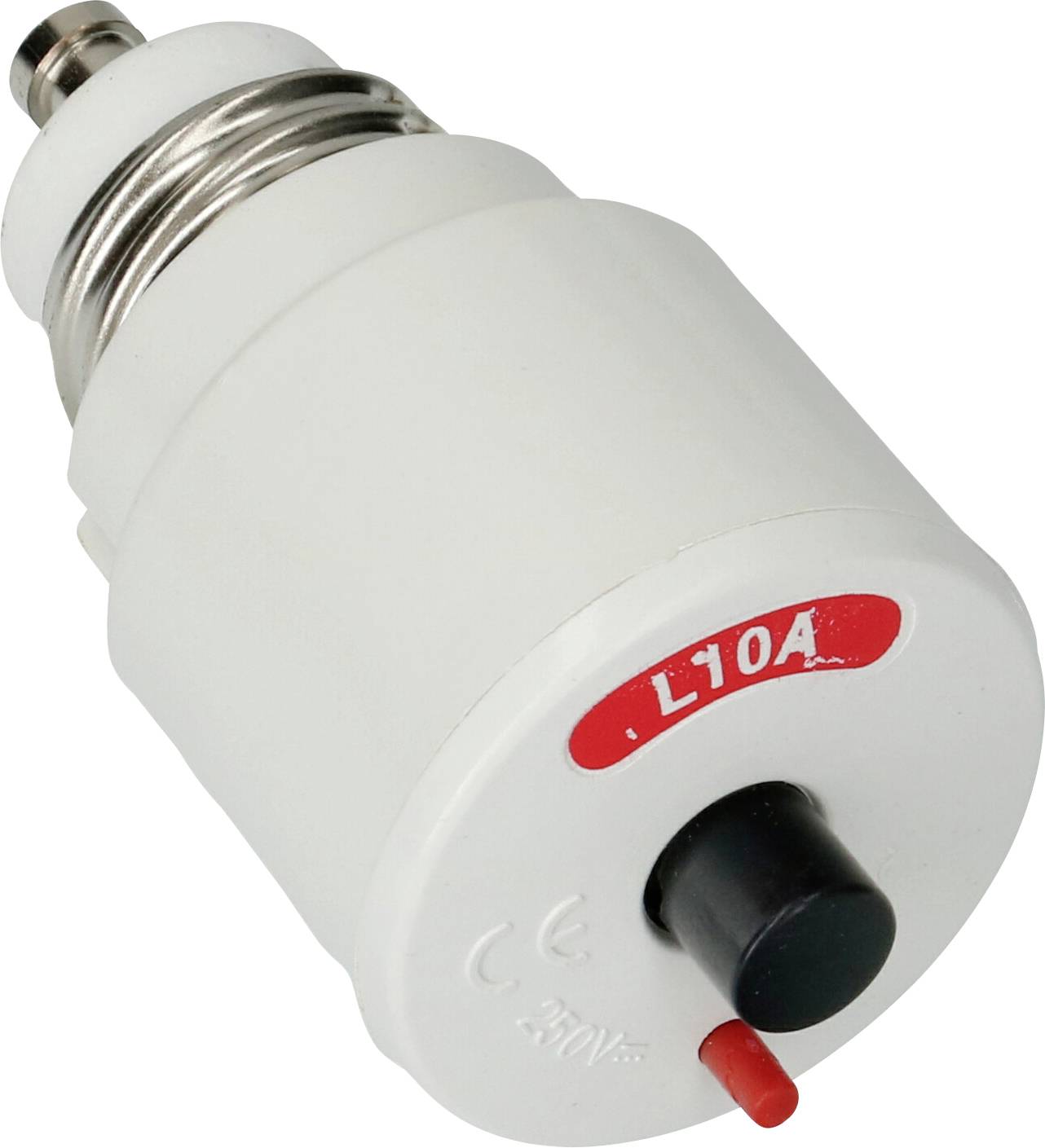 Un disjoncteur blanc avec une étiquette rouge 'L10A' et un bouton noir, utilisé dans les tableaux électriques.