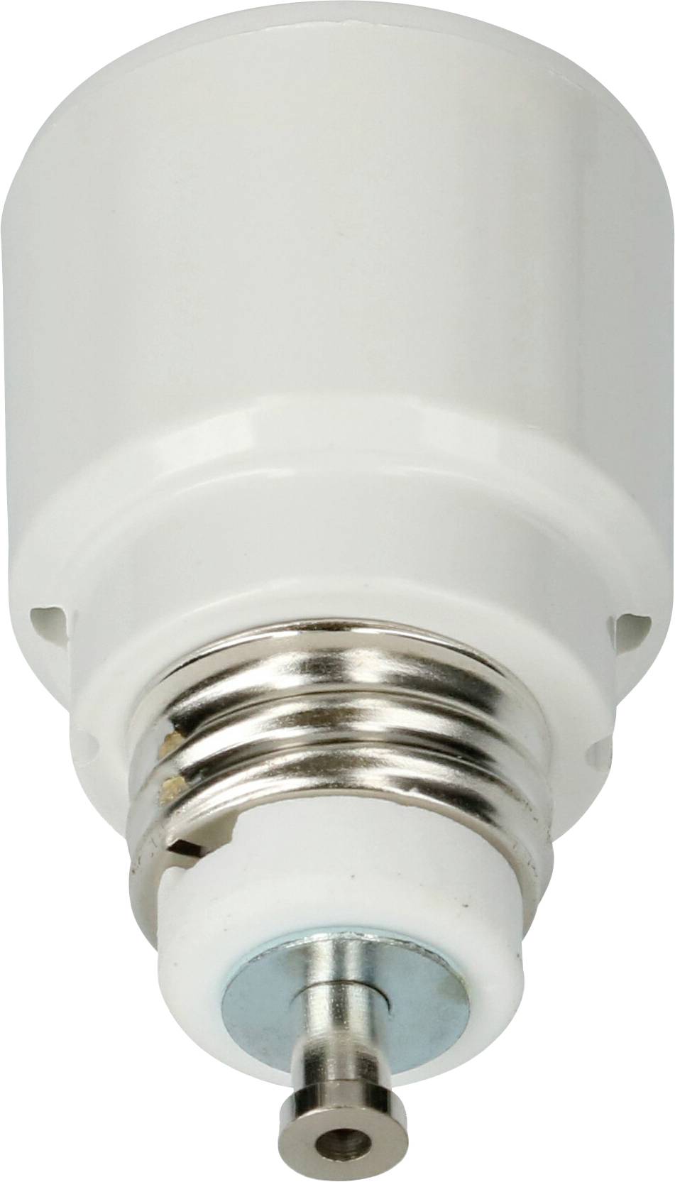 Support de lampe E14 blanc avec contact métallique et anneau de suspension, adapté pour être fixé à un luminaire ou une installation d'éclairage.