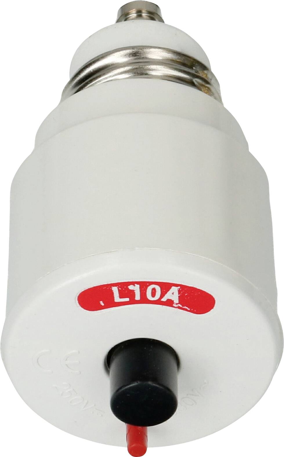 Un disjoncteur électrique avec un boîtier blanc, une étiquette rouge '10A' et un interrupteur noir.