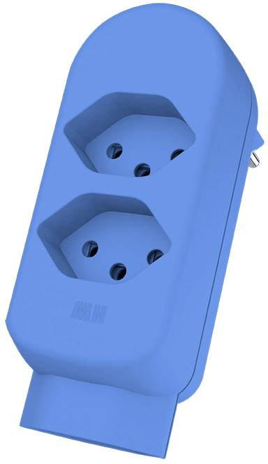 Un adaptateur double bleu avec deux ouvertures hexagonales de prise de courant, adapté aux fiches électriques européennes.