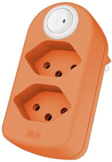 Adaptateur orange avec deux emplacements et un bouton rond au-dessus.