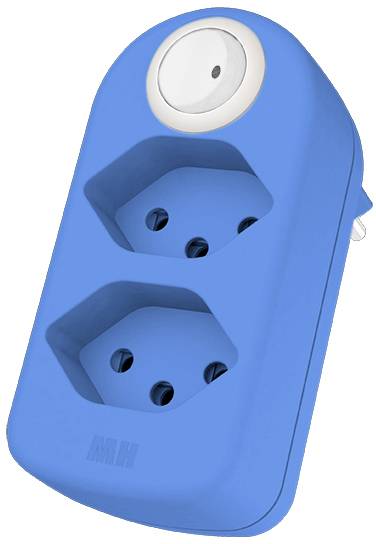 Adaptateur de prise bleu avec deux emplacements triphasés et un interrupteur en haut.