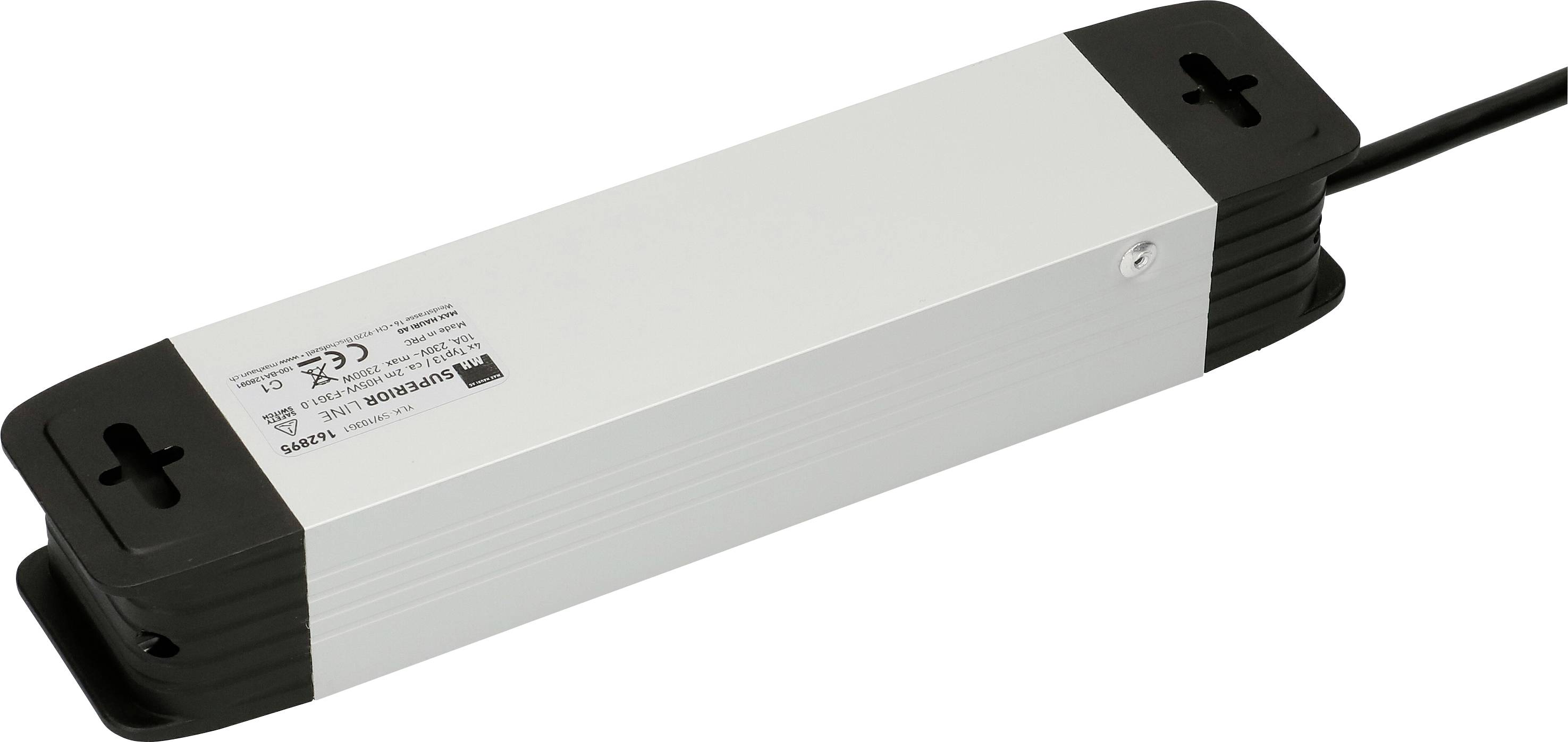 Bloc d'alimentation rectangulaire pour éclairage LED avec câble ; boîtier argenté et extrémités noires ; informations techniques imprimées.