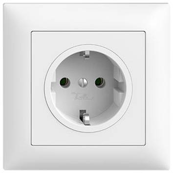 Prise électrique blanche encastrée avec terre, installée dans un mur.