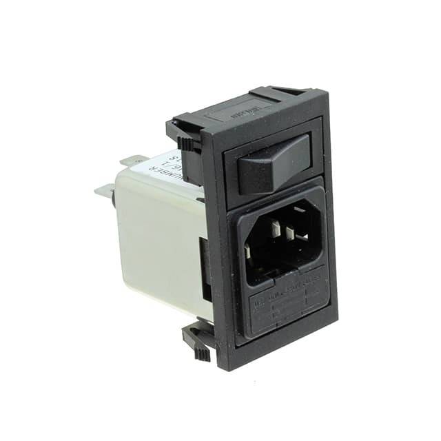 Un interrupteur rectangulaire noir avec une prise intégrée et un porte-fusible, adapté aux appareils électroniques.