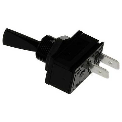 Un interrupteur à bascule noir avec deux broches métalliques et un boîtier en plastique étiqueté, conçu pour connecter et contrôler des circuits électriques.