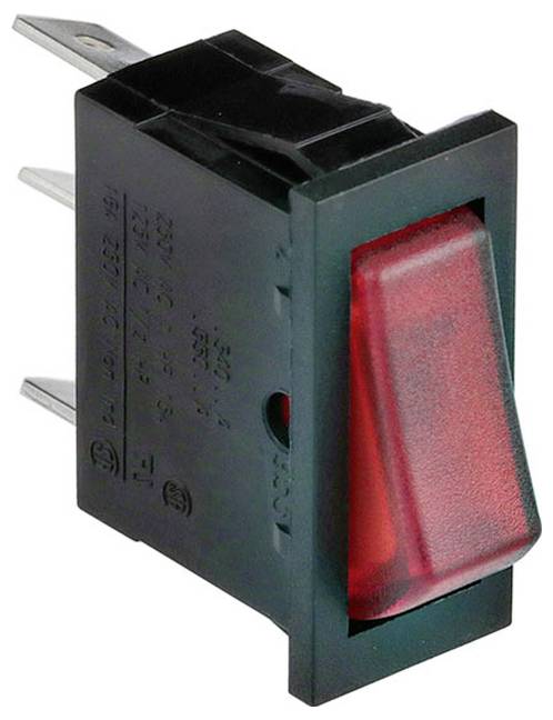 Un commutateur basculant rouge avec un boîtier rectangulaire et trois broches métalliques, conçu pour la commande d'équipements électriques.