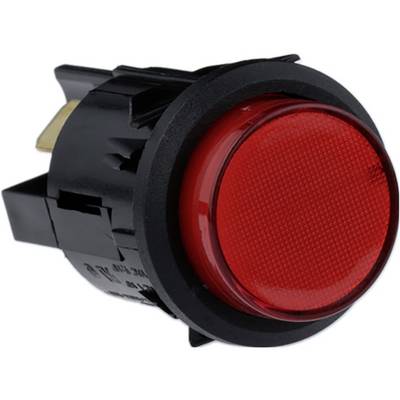 Un bouton-poussoir circulaire rouge avec un boîtier noir, souvent utilisé dans les appareils électroniques pour mettre en marche ou éteindre un appareil.