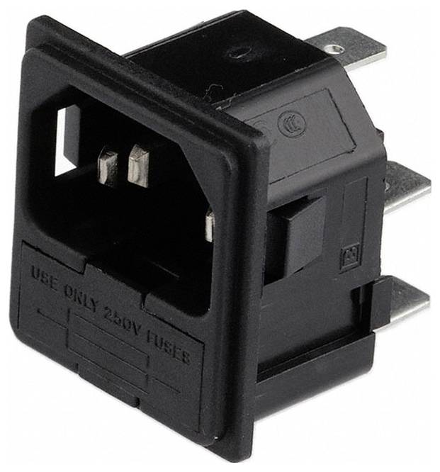 Une prise de courant rectangulaire noire avec des broches métalliques, étiquetée « UTILISER UNIQUEMENT UN FUSIBLE 250V », conçue pour les connexions électriques.