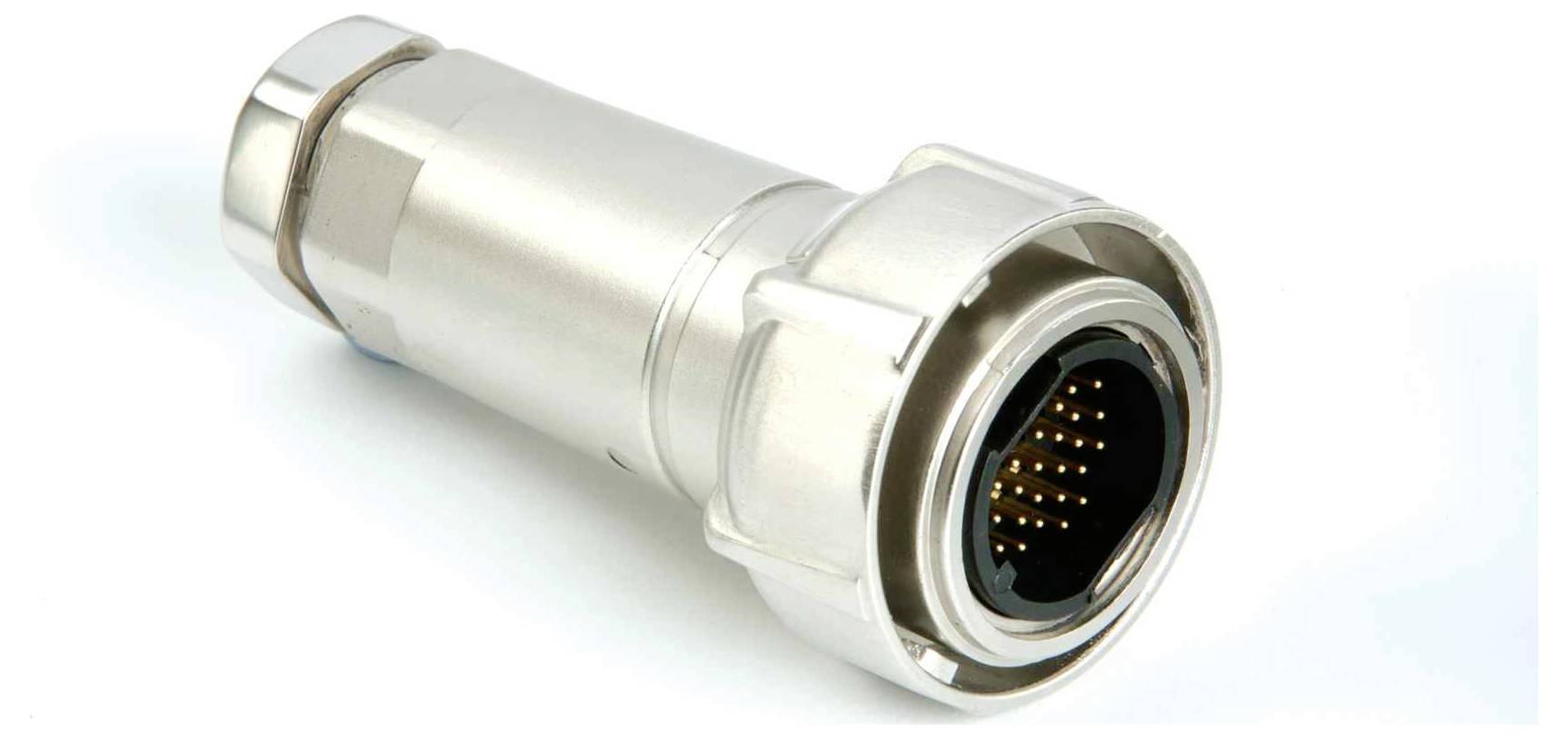 Un connecteur électrique multi-broches en métal de forme cylindrique avec un anneau de couplage fileté, utilisé pour des connexions de données ou d'alimentation sécurisées.