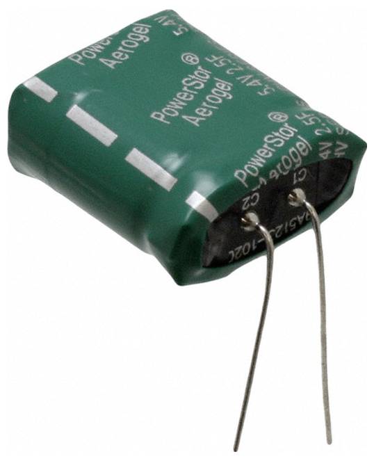 Un supercondensateur cylindrique vert avec deux fils métalliques s'étendant du bas, marqué « PowerStor Aerogel » avec les valeurs de tension et de capacité.