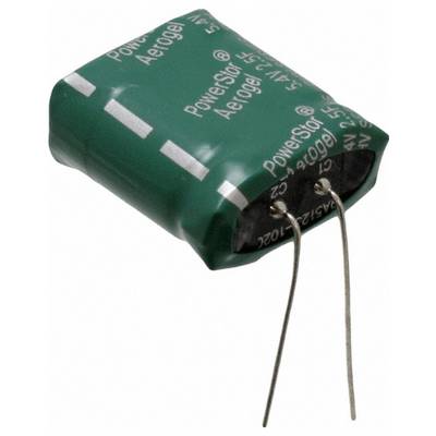 Un supercondensateur cylindrique vert avec deux fils métalliques s'étendant du bas, marqué « PowerStor Aerogel » avec les valeurs de tension et de capacité.
