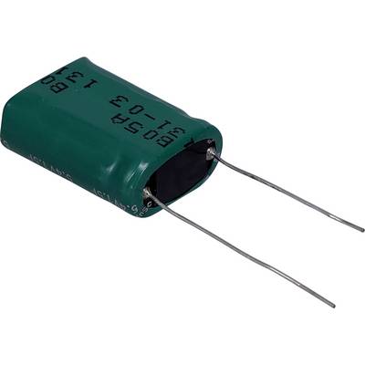 Un condensateur cylindrique vert avec deux bornes métalliques, couramment utilisé dans les circuits électroniques.