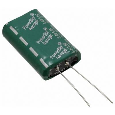Un condensateur cylindrique vert avec des connexions argentées, étiqueté 'PowerStor Aerogel', d'une tension nominale de 5,5V et de 1,5F, utilisé dans les circuits électroniques.