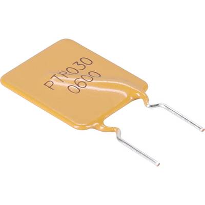 Un composant électronique orange portant l'étiquette « PTR030 0600 » avec deux connexions métalliques, probablement un fusible thermique ou une résistance, utilisé dans les circuits électroniques.