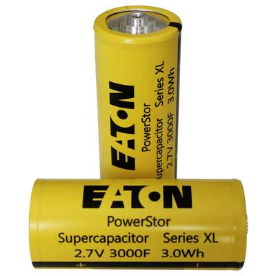 Deux supercondensateurs jaunes Eaton PowerStor, étiquetés « 2,7 V 3000 F 3,0 Wh », positionnés verticalement et horizontalement.