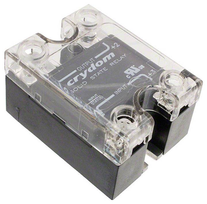 Relais à semi-conducteurs Crydom avec bornes d'entrée et de sortie étiquetées, conçu pour commander des circuits électriques sans pièces mécaniques.
