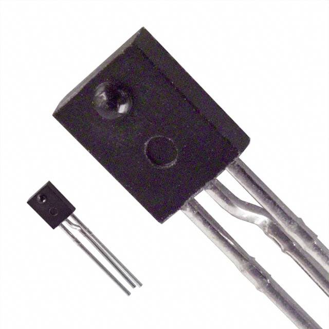 Un transistor noir à trois pattes métalliques sur un fond blanc. Une petite image et une image agrandie du transistor.