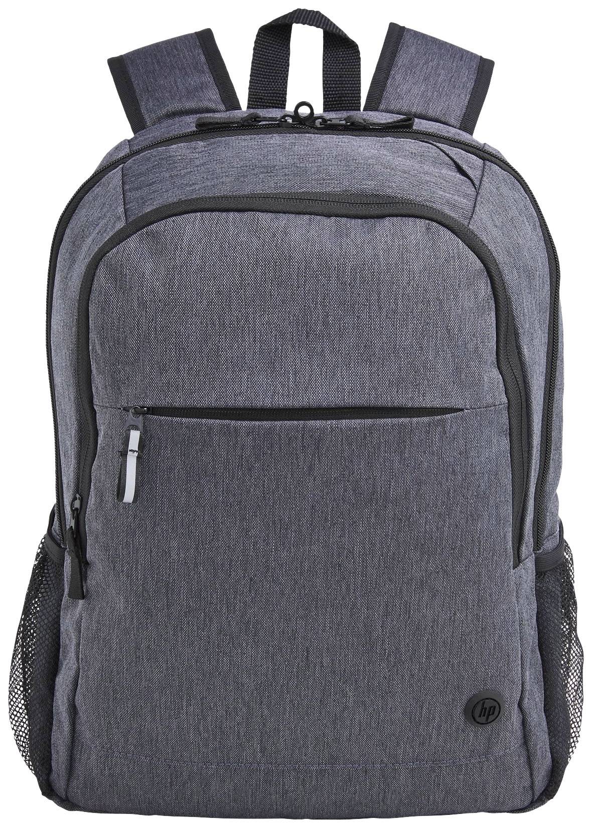 Sac à dos gris avec plusieurs compartiments et deux poches latérales en maille. Adapté pour le transport des ordinateurs portables et du matériel scolaire.