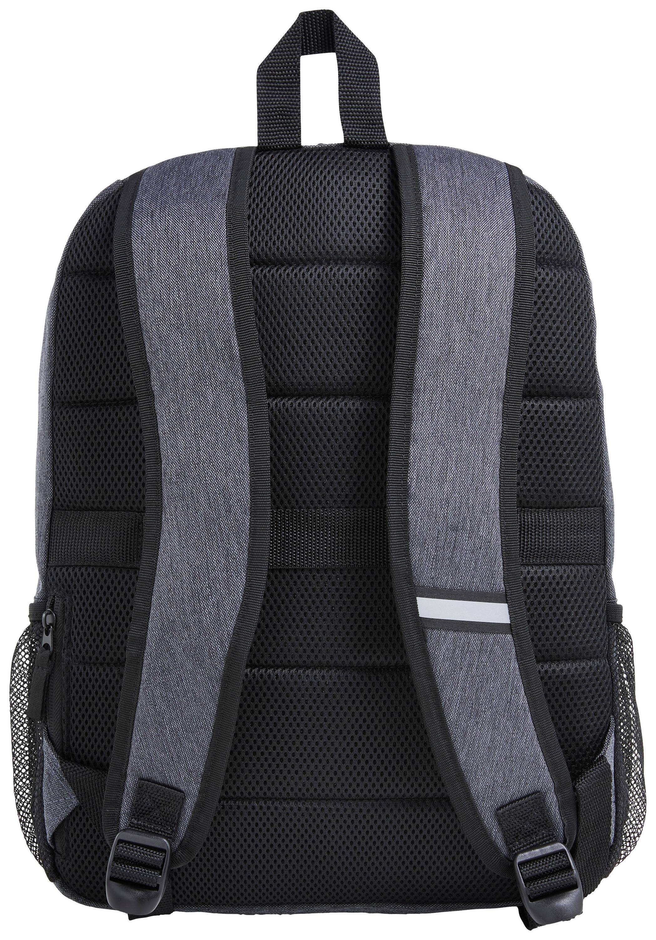 Sac à dos gris avec bretelles rembourrées et réglables, le dos est noir avec un tissu en maille respirant et une bande réfléchissante.