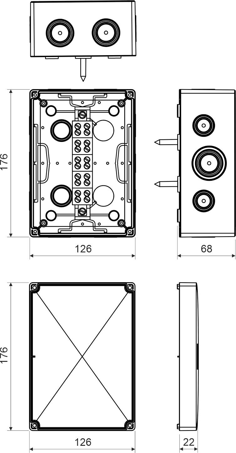 Dessin technique d'un boîtier rectangulaire avec vue latérale, vue de face et vue de dessus. Dimensions : 126 x 176 x 68 mm.