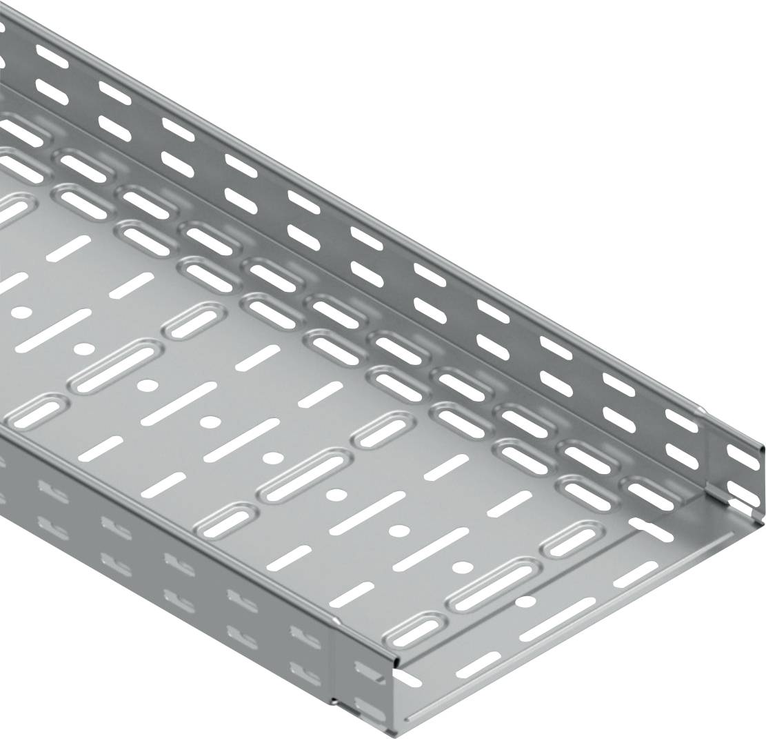 Un chenal de câbles métallique avec des fentes de ventilation latérales, adapté à l'organisation et au guidage des câbles dans les structures de bâtiments.