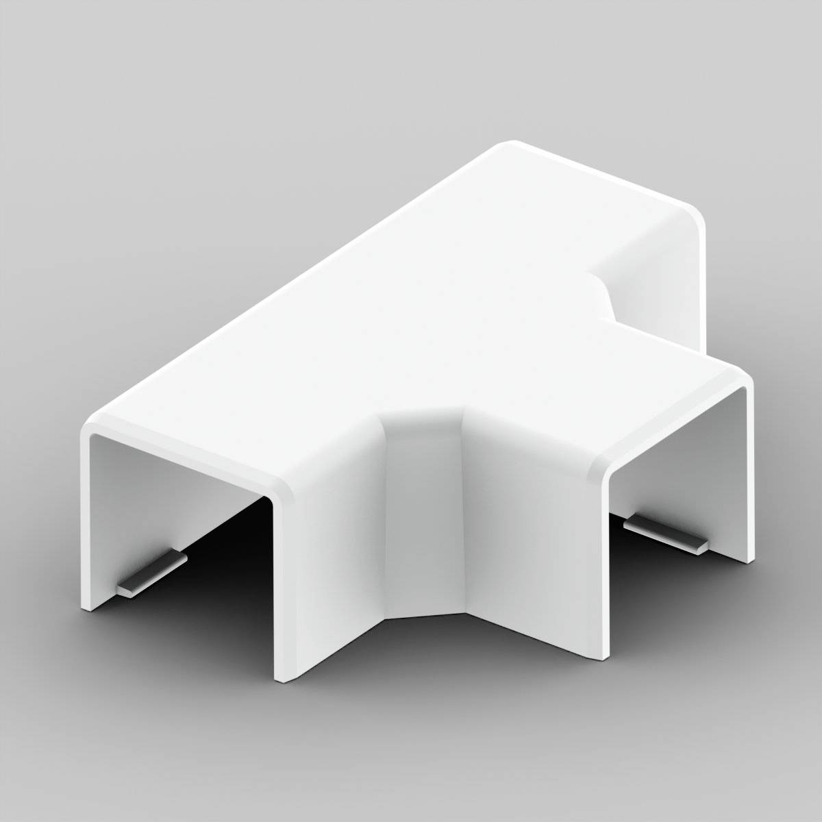Un connecteur en plastique blanc en forme de T, adapté pour relier des goulottes de câbles ou des structures similaires dans un système électrique.