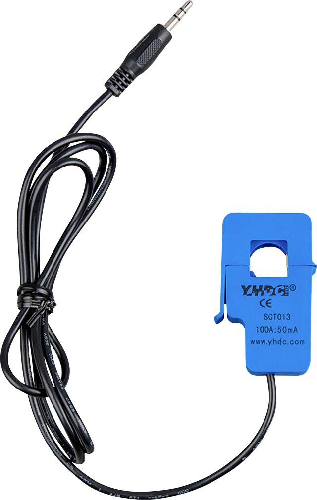 Capteur de courant avec boîtier en plastique bleu et connecteur de 3,5 mm, modèle YHDC SCT013, adapté à la mesure d'énergie jusqu'à 100 A.