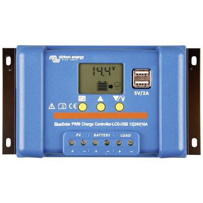 Un régulateur solaire bleu avec écran affiche '14,4V'. Il dispose de ports USB et de touches de commande, incluant des symboles pour PV, batterie et charge.