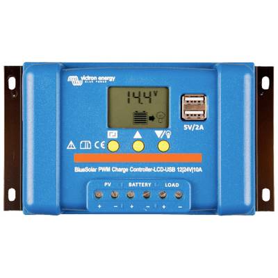 Contrôleur de charge solaire Blauer avec affichage LCD, indiquant '14,4V', plusieurs symboles de statut, deux ports USB sur le côté droit.